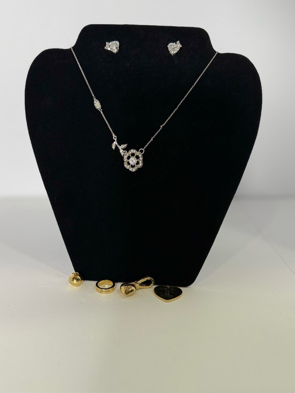 Juicy Couture Silver Necklace, Stud Earrings, and gold charms “vintage”